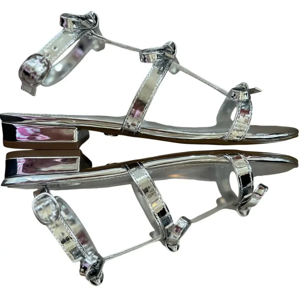 Cecelia New York Anna Metallic Silver Bow Gladiator Strappy Flat Sandals